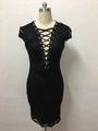 Elegant black lace bodycon dress featuring a deep V-neck with criss-cross lace-up detail - S / Black