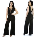 Sexy black sleeveless backless wide leg jumpsuit with cross bandage deep V neckline - S / Black