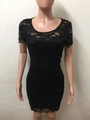 Elegant black lace off-shoulder slim fit mini dress with short sleeves and floral texture - S / Black
