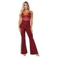 Burgunderrotes Spitzen-Top mit hoher Taille und weit geschnittener Hose mit Streifen - S / Burgunderrot