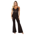 Sinnlicher schwarzer Spitzen-Jumpsuit mit weitem Bein, Seitenstreifen und Bindegürtel - S / Schwarz