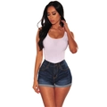 Women's summer high waist washed denim shorts with white ribbed tank top casual set - S / Dark Blue