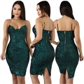 Slim fit dark green sequin bodycon dress with chain straps and back zipper - Green