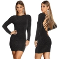 Sparkly black long sleeve mini dress featuring sexy backless design with cross straps - S / Black
