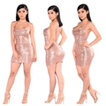 Rose gold sequin mini dress with halter neck and backless design for party wear - Apricot