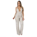 Silver sequin jumpsuit for women featuring deep V-neck and wide leg pants style - 2XL / Silver