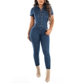Slim-fit donkerblauwe denim jumpsuit met korte mouwen en knoopsluiting aan de voorkant - 2XL / Indigo