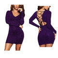 Sexy paarse pailletten mini-jurk met diepe V-hals en een open rug met gekruiste veters - S / Paars