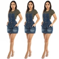 Women's backless denim dress with military green T-shirt set in dark blue denim - S / Dark Blue And Olive Green
