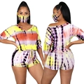 Women's summer tie-dye three-piece set with V-neck top, drawstring shorts, and matching mask - S / Top And Bottom / Yellow Tie-Dye