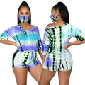 Detail view of women's blue tie-dye two-piece set featuring short sleeve top and drawstring shorts - S / Top And Bottom / Light Blue Tie-Dye