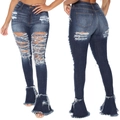 Détails de jean délavé avec déchirures et ourlet évasé à volants de style vintage - S / Bleu clair
