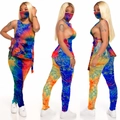 Detail view of tie-dye lounge set featuring side lace-up top and matching leggings - S / Blue
