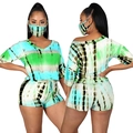 Women's casual 3-piece tie-dye lounge set with short sleeve top, shorts and face mask - S / Top And Bottom / Light Green Tie Dye