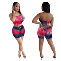 Detail of red and black tie-dye two-piece set featuring crop tube top and drawstring shorts - S / Top And Bottom (2079) / Red