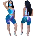 Driedelige tie-dye set voor dames met crop-top, wielrenbroek en bijpassend gezichtsmasker - S / Blauw