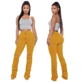 Women's mustard yellow stacked pants with high waist, drawstrings and knee cutouts - S / Yellow
