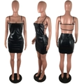 Detail view of black faux leather mini dress with spaghetti straps and open back design - S / Tops / Black