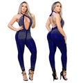 Navy blue halter neck jumpsuit with sparkling rhinestones and sexy backless cutout design - S / Royal Blue