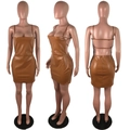 Three-way view of a brown PU leather mini dress with spaghetti straps and an open back - S / Tops / Khaki