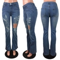 Gedetailleerde weergaven van blauwe flare jeans met hoge taille, gaten en splitzoom - S / Blauw