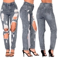 Women's slim-fit high-waisted distressed grey jeans with ripped details in three views - S / Gray