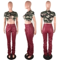 Women's 2-piece set with camo crop top and burgundy stacked faux leather pants - 2XL / Burgundy