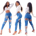 Blauwe skinny jeans met hoge taille voor dames met gescheurde details en rafelranden - Denim Blauw / S