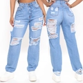 Hellblaue High-Waist Jeans mit weitem Bein und Rissen auf Vorder- und Rückseite - S / Blau