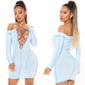 Detail view of light blue ribbed knit dress with lace-up front and contrast blue stitching - S / Light Blue