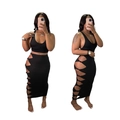 Completo nero due pezzi con crop top a V e gonna midi con tagli e nodi laterali - S / Stile Nero (Top e Gonna)