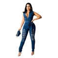 Women sleeveless deep V-neck denim jumpsuit in dark blue with distressed ripped details - S / Dark Blue