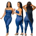 Voor zij en achteraanzicht van een nauwsluitende strapless denim jumpsuit voor dames - 3XL / Donkerblauw