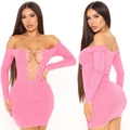 Detail of pink off-shoulder ribbed knit bodycon dress with lace-up front and long sleeves - S / Pink