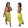 Set due pezzi donna con top halter arcobaleno e gonna lunga giallo neon con lacci - S / Stile Giallo (Top e Gonna)