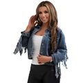 Women's sexy short denim jacket with fringe tassels and single-breasted classic design - S / Dark Blue
