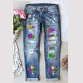 Women's ripped straight jeans with sequin leopard patches and iris flower embroidery - S / Blue Iris Sequin Style(TP2301315-1)