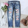 Jeans dritti da donna in denim blu lavato con strappi e inserti con stampa a foglia d'acero - S / Blu scuro