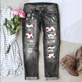 Jeans grigi a gamba dritta con stampe di foglie d'acero rosse e strappi decorativi - S / Nero