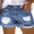 Pantaloncini di jeans a vita alta da donna con strappi e orli sfilacciati - S / Azzurro