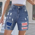 Pantaloncini di jeans a vita alta da donna con toppa bandiera USA e orlo a taglio - S / Blu Chiaro (CL8719-2)