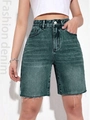 High-waisted retro green Bermuda denim shorts with raw hem and slim-fit loose leg design - Vintage Blue