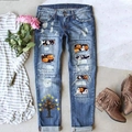 Jeans di Halloween a vita alta con stampe di zucche, fantasmi e pipistrelli per donne - S / Blu Chiaro (Stampa Zucca)