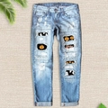 Jeans strappati azzurri da donna con toppe stampate a zucca e fantasma di Halloween - S / Blu Chiaro (Stampa Zucca)