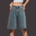 Women's high waist loose blue denim shorts with vintage washed finish and wide leg design - S / Lake Blue