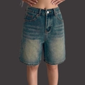 Women's high waist loose Bermuda denim shorts in vintage washed blue with whiskered details - S / Vintage Blue with Whiskers