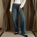 Vintage Damen Jeans mit weitem Bein in dunkelblauer Waschung und tiefem Bund - S / Retro-Blau