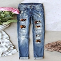 Jeans dritti blu da donna con toppe a forma di zucca di Halloween e orli risvoltati - S / Blu Stampa Zucca