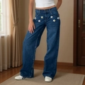 Detail of white flower beads and embroidery on vintage dark blue wide-leg jeans - Pearl Flower Dark Blue