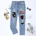Light blue straight jeans with Merry Christmas print and snowflake ripped details - S / Light Blue